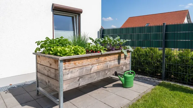 Symbolbild (KI-generiert): Hochbeet auf Beinen mit Salat und Kräutern auf einer Terrasse, Gießkanne daneben