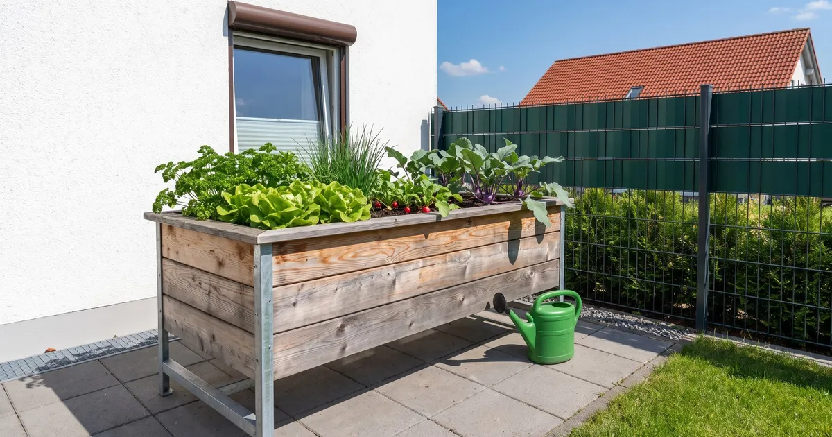 Symbolbild (KI-generiert): Hochbeet auf Beinen mit Salat und Kräutern auf einer Terrasse, Gießkanne daneben